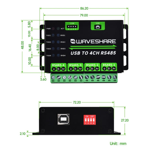 Waveshare 25219 Industrial USB To 4Ch RS485 Converter - Sockets Adapters Accessories by Waveshare | Online Shopping UK | buy2fix