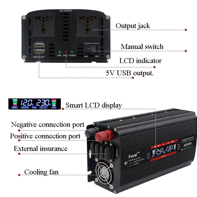 3000W LCD Smart Home Car Inverter 12V To 220V Power Converter - Modified Square Wave by buy2fix | Online Shopping UK | buy2fix