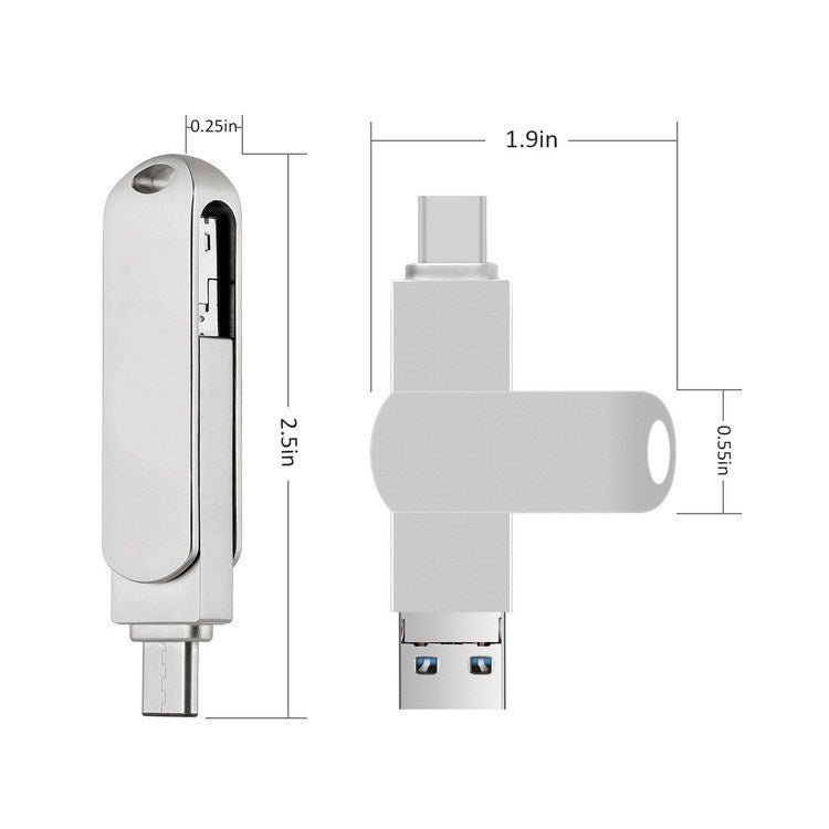 128GB USB 3.0 + 8 Pin + USB-C / Type-C 3 in 1 Phone Computer Rotatable Metal U-Disk by buy2fix