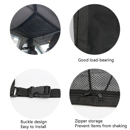 Car Ceiling Storage Net Bag Draw Rope Double-Layer Zipper Car Storage Net Pocket(80x55cm) by buy2fix