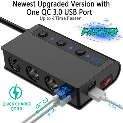 TR24 3 In 1 Car Cigarette Lighter Independent Switch Charger(Black) - Cigar Socket by buy2fix | Online Shopping UK | buy2fix