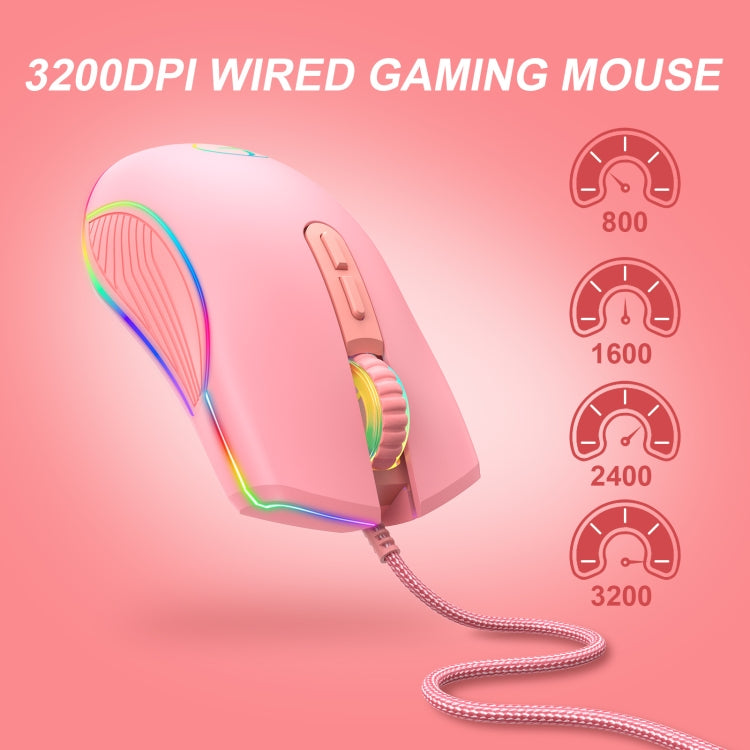 E32 7 Keys 3200 DPI Pink Girls RGB Glowing Wired Mouse Gaming Mouse, Interface: Type-C by buy2fix