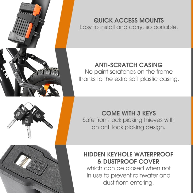 WEST BIKING Bicycle Anti-Theft Lightweight Folding Chain Lock(Black Orange) by WEST BIKING