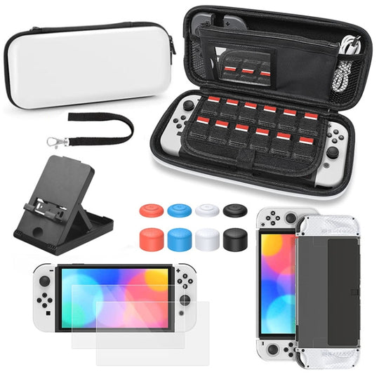 Game Console Crystal Shell Remote Sensing Cap Tempered Film Storage Bag Set For Switch OLED Console White Storage Bag 14 In 1(Hand Rope)