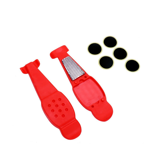 Multifunktionales Fahrrad-Reifenwechselwerkzeug, Farbe: Rot + 5 Reifenflicken