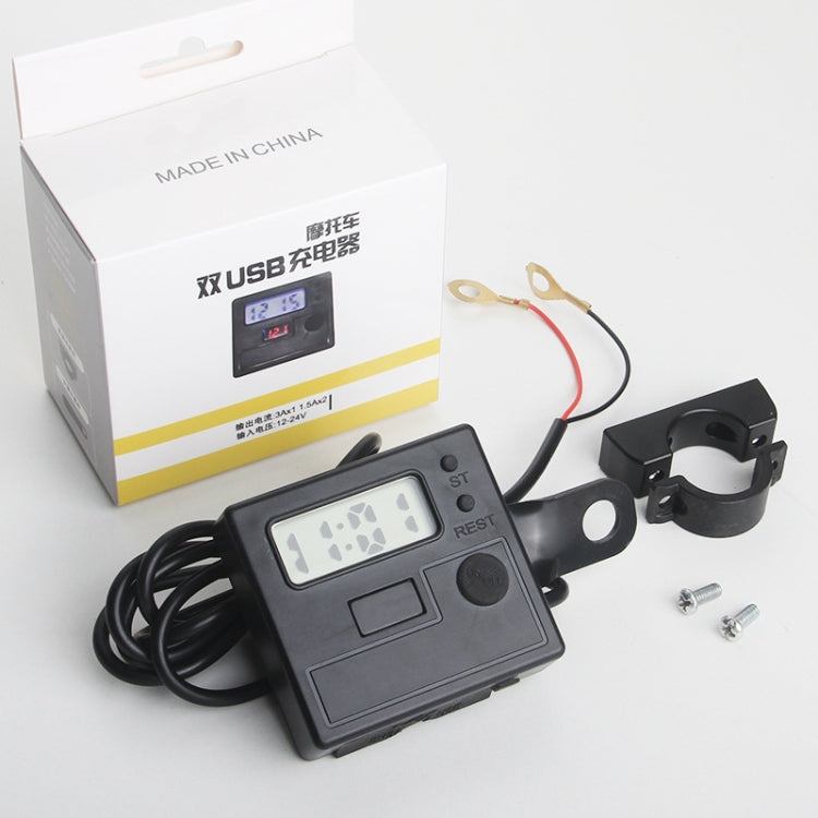 Motorcycle Clock Digital Display Dual USB Phone Charger Waterproof 5V 3A Fast Charge(Black) - Battery Charger by buy2fix | Online Shopping UK | buy2fix