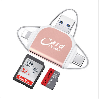R015 USB2.0 & Micro USB+8Pin+Type-C 4 In 1 Card Reader Supports SD/TF Card(Rose Gold) by buy2fix
