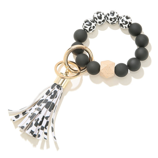 2 PCS Wooden Bead Frosted Bracelet Key Chain Pendant( Black and White Leopard Pattern) - Key Rings by null | Online Shopping UK | buy2fix