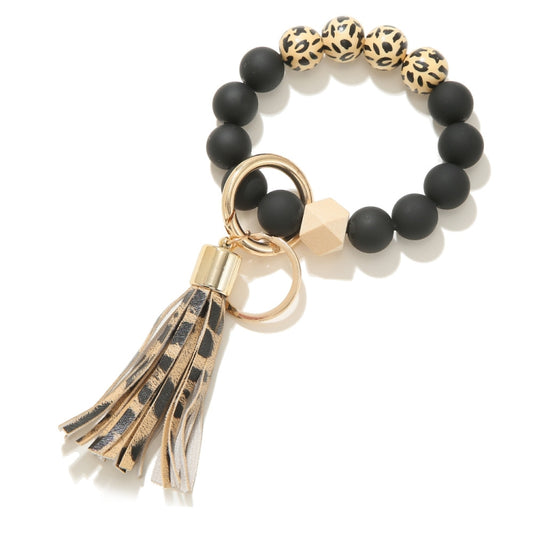 2 PCS Wooden Bead Frosted Bracelet Key Chain Pendant(Yellow Leopard Pattern) - Key Rings by null | Online Shopping UK | buy2fix