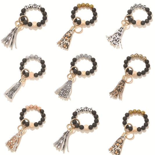 2 PCS Wooden Bead Frosted Bracelet Key Chain Pendant( Black and White Leopard Pattern) - Key Rings by null | Online Shopping UK | buy2fix