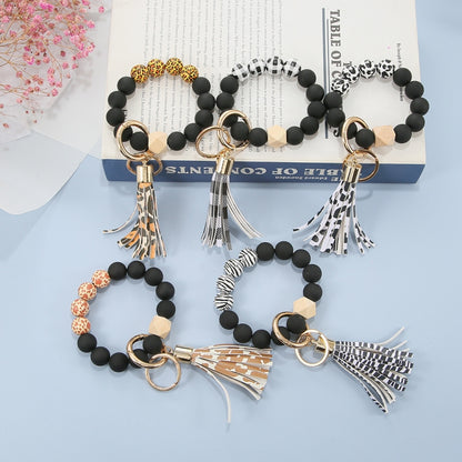 2 PCS Wooden Bead Frosted Bracelet Key Chain Pendant(Zebra Pattern) - Key Rings by null | Online Shopping UK | buy2fix