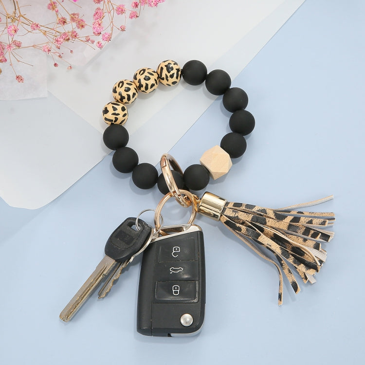 2 PCS Wooden Bead Frosted Bracelet Key Chain Pendant( Black and White Leopard Pattern) - Key Rings by null | Online Shopping UK | buy2fix