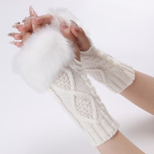 Ladies Short Type Furry Gloves Diamond Knit Warm Fingerless Arm Sleeves(White) - Others by buy2fix | Online Shopping UK | buy2fix