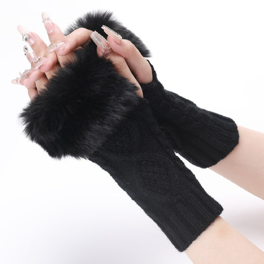 Ladies Short Type Furry Gloves Diamond Knit Warm Fingerless Arm Sleeves(Black) - Others by buy2fix | Online Shopping UK | buy2fix