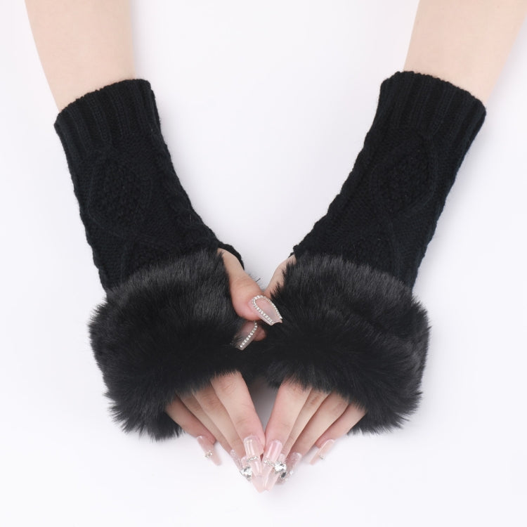 Ladies Short Type Furry Gloves Diamond Knit Warm Fingerless Arm Sleeves(Black) - Others by buy2fix | Online Shopping UK | buy2fix