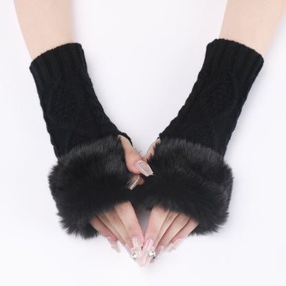 Ladies Short Type Furry Gloves Diamond Knit Warm Fingerless Arm Sleeves(Black) - Others by buy2fix | Online Shopping UK | buy2fix