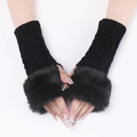 Ladies Short Type Furry Gloves Diamond Knit Warm Fingerless Arm Sleeves(Black) - Others by buy2fix | Online Shopping UK | buy2fix