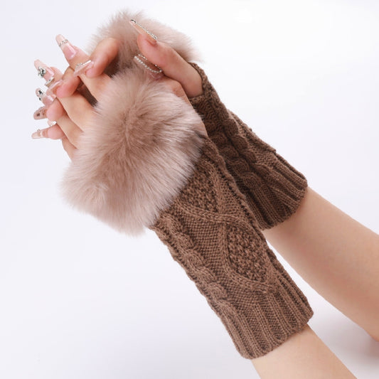 Ladies Short Type Furry Gloves Diamond Knit Warm Fingerless Arm Sleeves(Khaki) - Others by buy2fix | Online Shopping UK | buy2fix