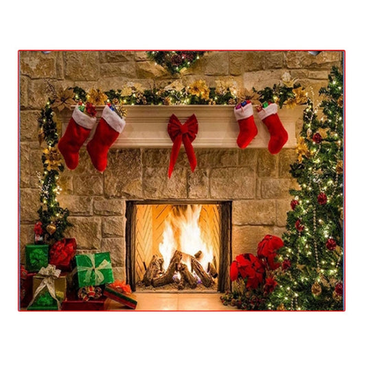 Christmas Layout Fireplace Photography Background Cloth(Yellow) -  by buy2fix | Online Shopping UK | buy2fix