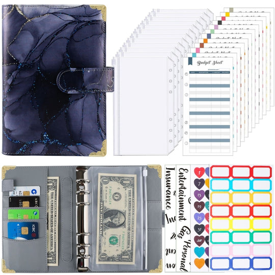 Bloc-notes A6 en cuir à feuilles mobiles pour carnet de budget (bleu gris)
