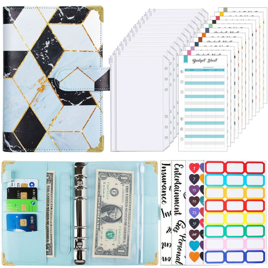 Bloc-notes A6 en cuir à feuilles mobiles pour carnet de budget (marbré-bleu)