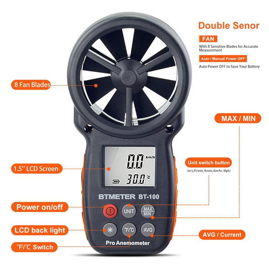 BT-100 Handheld Anemometer Wind Speed Wind Chill Temperature Measuring Instrument(Black) - Tachometers & Anemometer by buy2fix | Online Shopping UK | buy2fix
