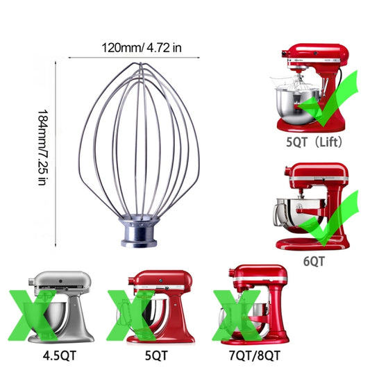 For KitchenAid Stand Mixer 6QT Whip Whisk  Stainless Steel Accessories - Food Disposer Parts by buy2fix | Online Shopping UK | buy2fix