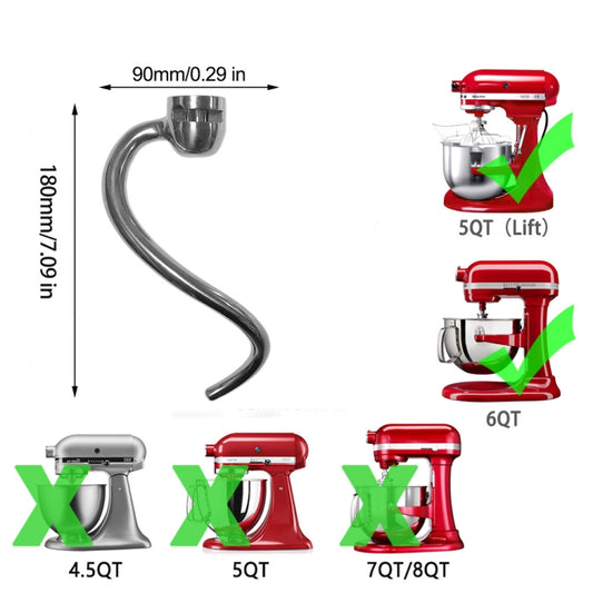 For KitchenAid Stand Mixer  6QT Dough Hook Stainless Steel Accessories - Food Disposer Parts by buy2fix | Online Shopping UK | buy2fix