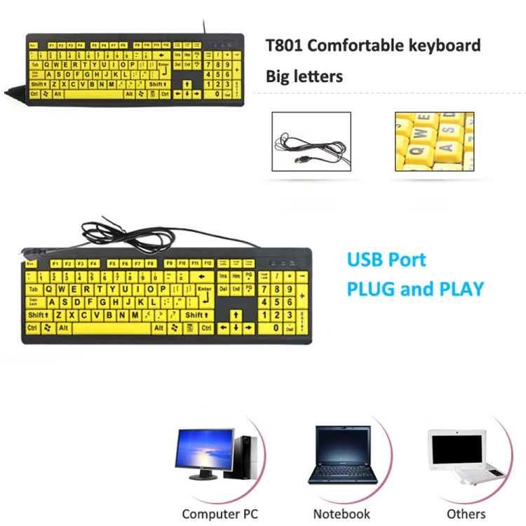 T801 104 Keys Special People Children Old Man Big Letters USB Wired Keyboard, Cable Length: 1.38m(Yellow) by buy2fix