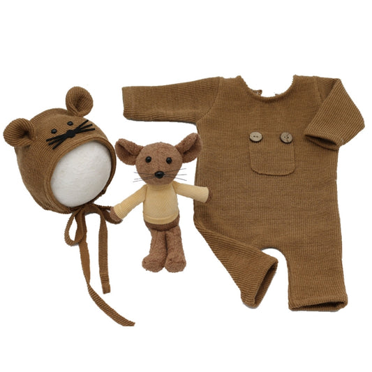 Newborn Photography Clothing Baby Knitted Jumpsuit + Hat + Mouse Doll Three-Piece Set(White) - Baby Photo Props by buy2fix | Online Shopping UK | buy2fix