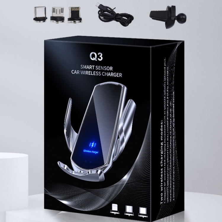 Q3 Infrared Induction Magnetic Car Wireless Charging Phone Bracket with Micro USB + 8 Pin + Type-C / USB-C Magnetic Connector(Gold) - Wireless Charger Holders by buy2fix | Online Shopping UK | buy2fix
