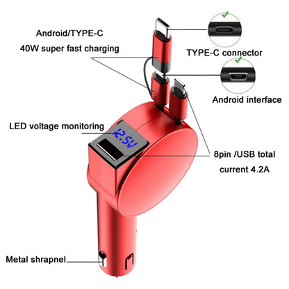 3 In 1 40W Fast Charging Dual Cable Retractable Car Charger(Black) - Car Charger by buy2fix | Online Shopping UK | buy2fix