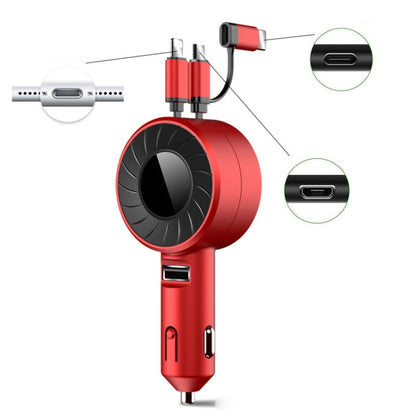 3 In 1 USB Dual Cable Single Pull Retractable Car Charger(Red) - Car Charger by buy2fix | Online Shopping UK | buy2fix