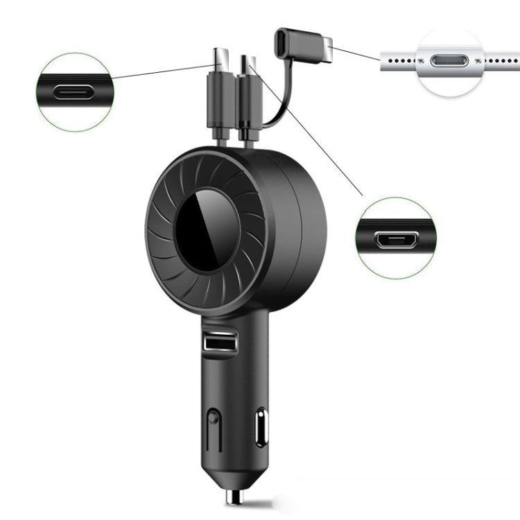3 In 1 USB Dual Cable Single Pull Retractable Car Charger(Black) - Car Charger by buy2fix | Online Shopping UK | buy2fix