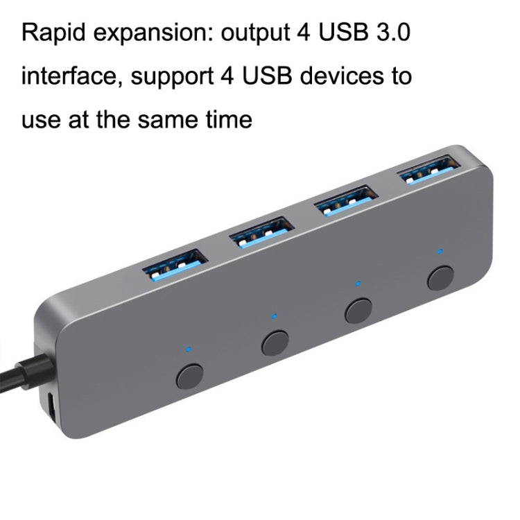 HS0059 Independent Switch USB 3.0 4 Ports Extension Type-C / USB-C Aluminum Alloy HUB, Cable Length: 30cm by buy2fix