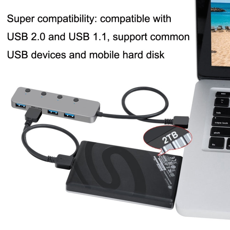 HS0059 Independent Switch USB 3.0 4 Ports Extension Type-C / USB-C Aluminum Alloy HUB, Cable Length: 120cm by buy2fix