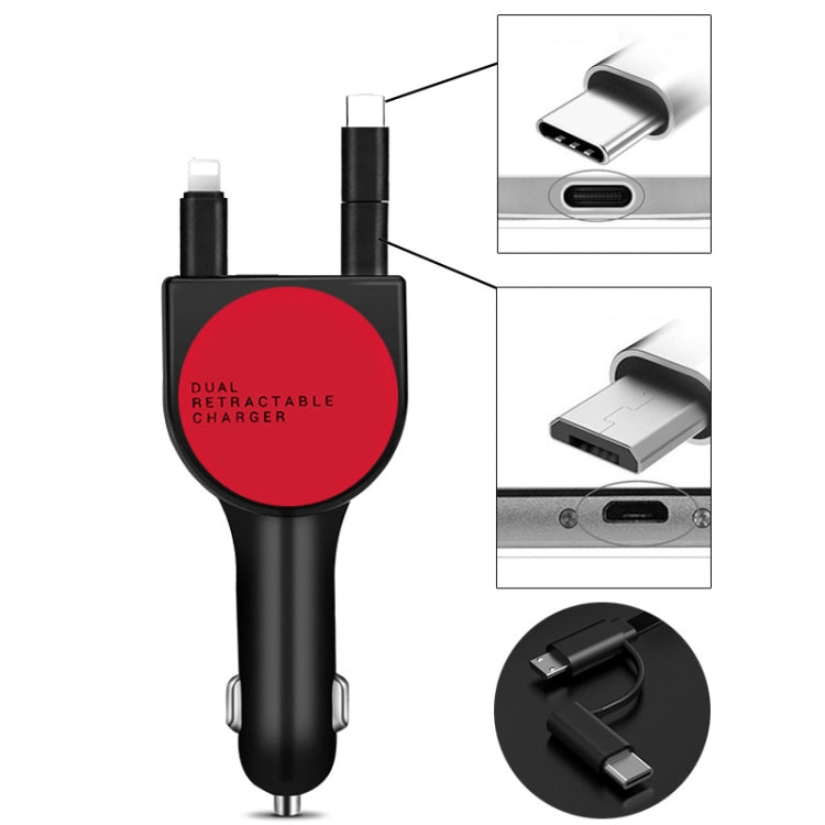 3 In 1 3.1A Dual USB Single Pull Retractable Fast QC3.0 Car Charger(Red) - Car Charger by buy2fix | Online Shopping UK | buy2fix
