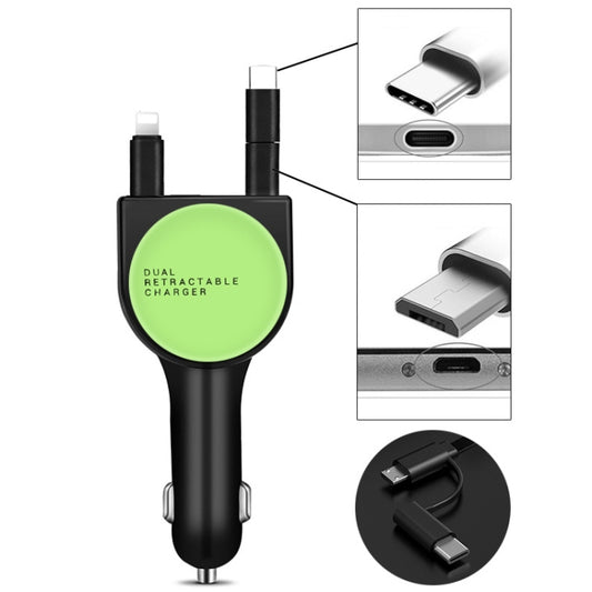 3 In 1 3.1A Dual USB Single Pull Retractable Fast QC3.0 Car Charger(Green) - Car Charger by buy2fix | Online Shopping UK | buy2fix