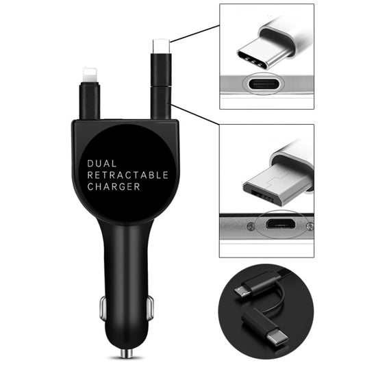 3 In 1 3.1A Dual USB Single Pull Retractable Fast QC3.0 Car Charger(Black) - Car Charger by buy2fix | Online Shopping UK | buy2fix