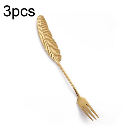 304 Stainless Steel Feather Spoon Fork Literary Tableware,Style: 3pcs Fork-Titanium Gold - Cutlery Sets by buy2fix | Online Shopping UK | buy2fix
