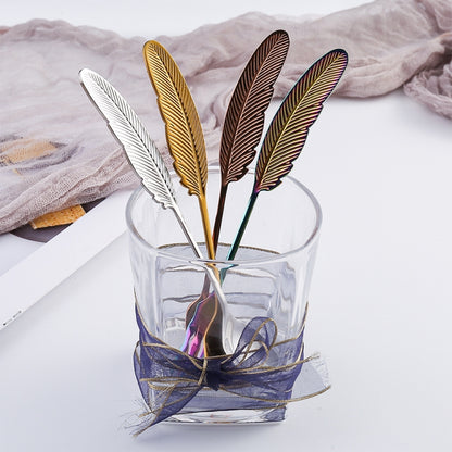 304 Stainless Steel Feather Spoon Fork Literary Tableware,Style: 3pcs Fork-Titanium Gold - Cutlery Sets by buy2fix | Online Shopping UK | buy2fix