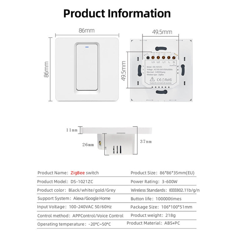 Tuya ZigBee Smart Single-fire Zero-fire Sharing Switch Phone Control Voice Panel EU Plug, Spec: 1 Button - Smart Switch by buy2fix | Online Shopping UK | buy2fix