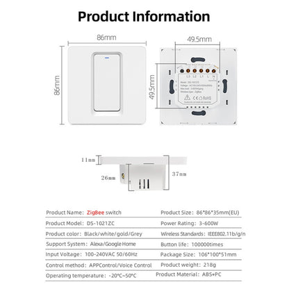 Tuya ZigBee Smart Single-fire Zero-fire Sharing Switch Phone Control Voice Panel EU Plug, Spec: 1 Button - Smart Switch by buy2fix | Online Shopping UK | buy2fix