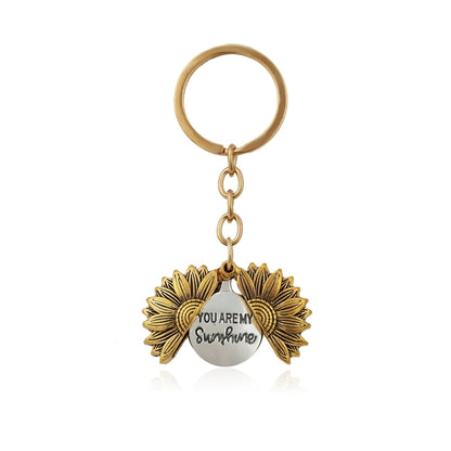 N2003-28 Ancient Gold Keychain Alloy Sunflowers Shape Can Open Double Side Engraving Accessories Pendant by buy2fix
