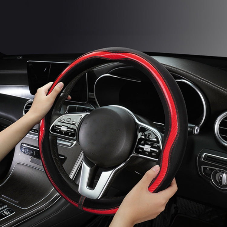 Car Steering Wheel Carbon Fiber Breathable Wear-resistant Leather Case, Size: 38cm(Red Round) by buy2fix