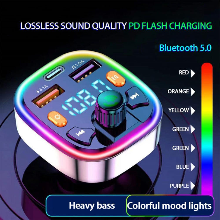 Q5 3.1A USB+PD Bluetooth Car Charger Car FM Transmitter Colorful Lighting by buy2fix