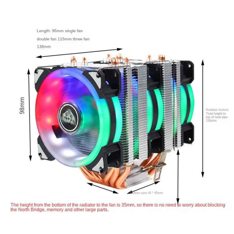 Desktop Computer Double Copper Tube CPU Radiator Super Quiet Color Light 3-pin Single Fan by buy2fix