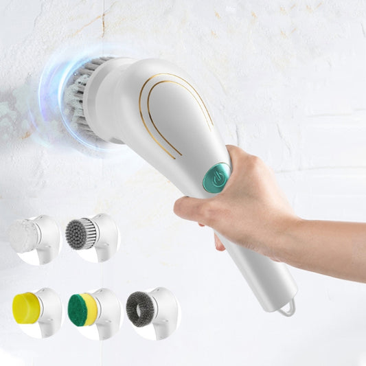 Multifunctional Electric Cleaning Brush Handheld Kitchen Dishwashing Brush with 5 Replacement Heads(White) - Sponges, Cloths & Brushes by buy2fix | Online Shopping UK | buy2fix