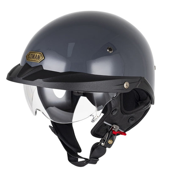 SOMAN Demi-casque de moto réglable avec miroir intérieur, taille : XL (gris ciment avec miroir transparent)