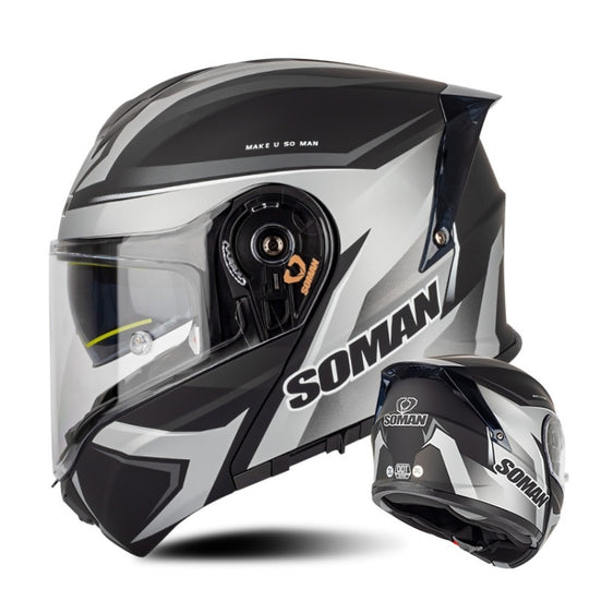 Casque de sécurité de conduite à double lentille pour moto SOMAN Racing, taille: L (vision noire gris argenté)